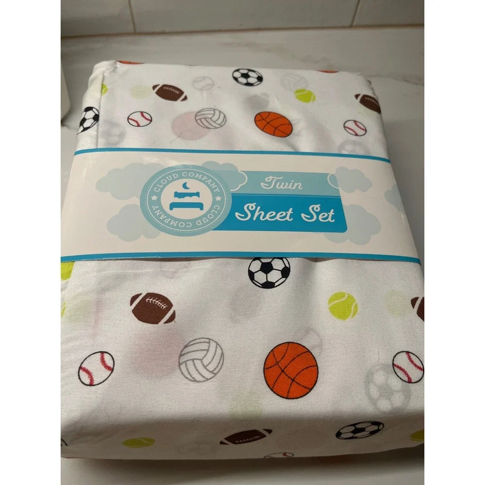Cloud Company Sheet Set Kids Twin White Sports Basketball Football NEW